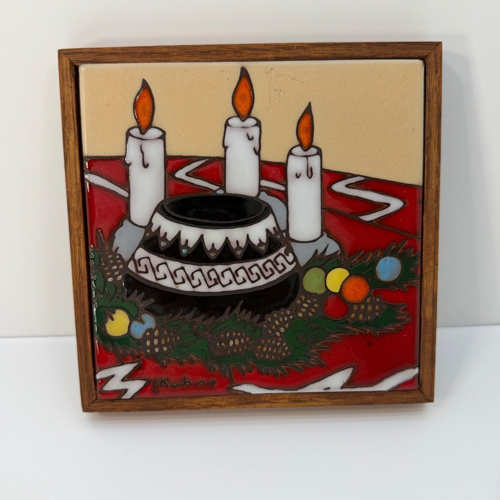 Vintage Earthtones Leone Kuhne Art Tile Framed Holiday Candles Ceramic 1984‎ USA